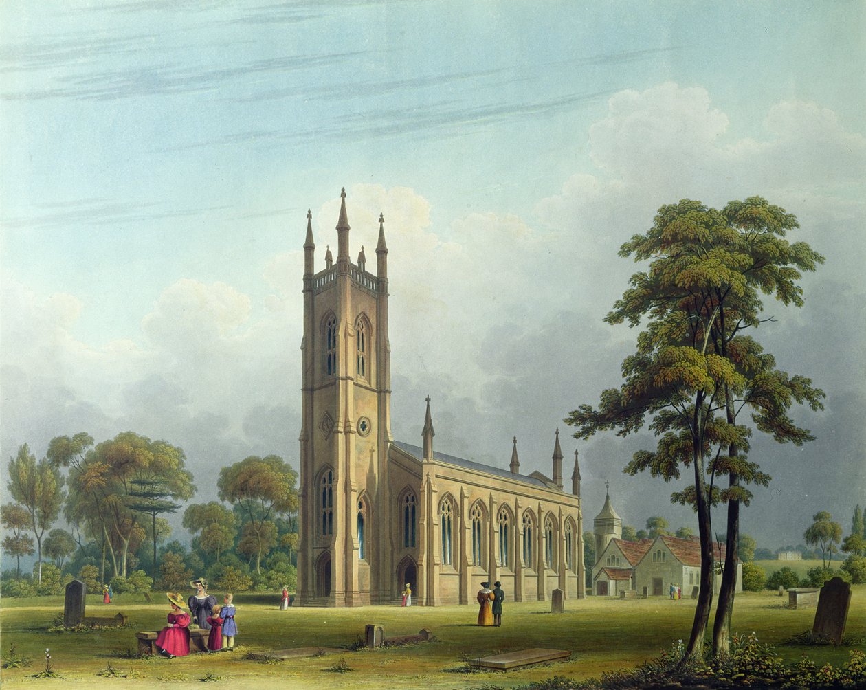 Sydvestudsigt over kirken St. Nicholas, Lower Tooting af Thomas Witlam Atkinson