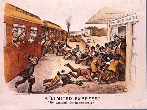 A Limited Express, Fem sekunder til forfriskninger, pub. af Currier og Ives i New York, 1884 af Thomas Worth