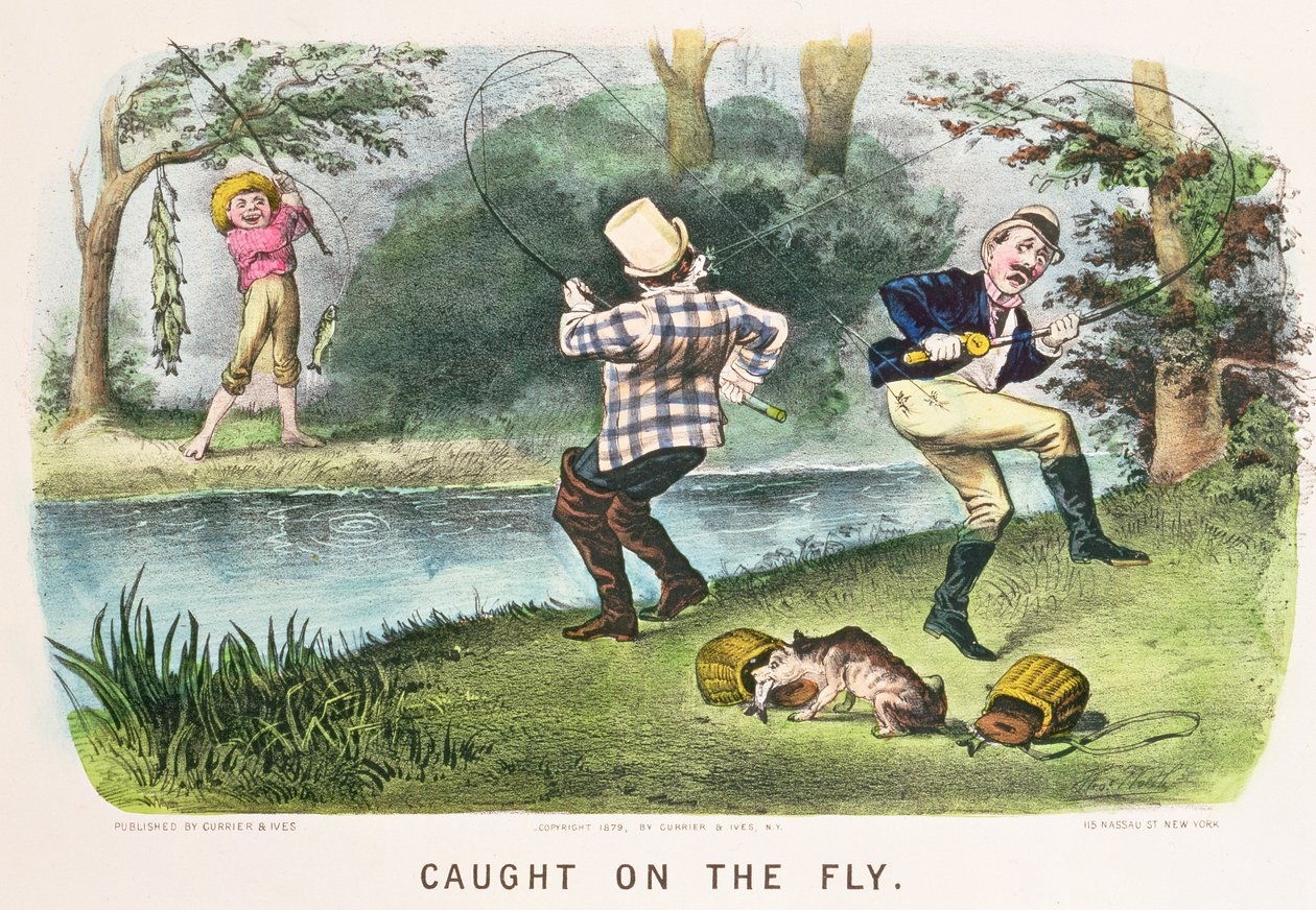 Fanget på flue, udgivet af Currier and Ives, New York, 1879 af Thomas Worth