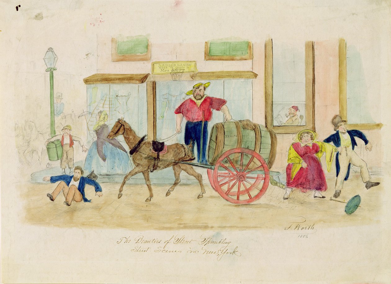 The Beauties of Street Sprinkling, New York City, 1856 (blyant og wc på papir) af Thomas Worth