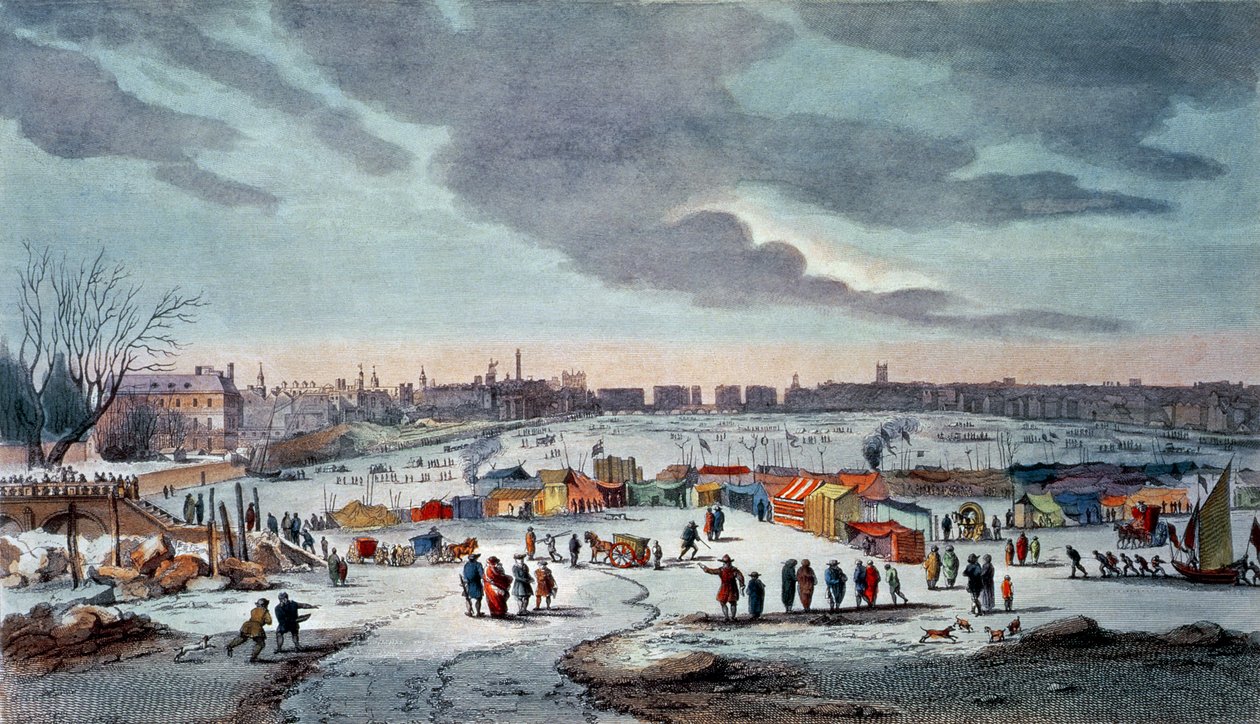 Frost Fair på Themsen nær Temple Stairs i 1683-84, indgraveret af James Stow (1770-c.1820), pub. 1825 af Robert Wilkinson (farvetryk) af Thomas Wyke