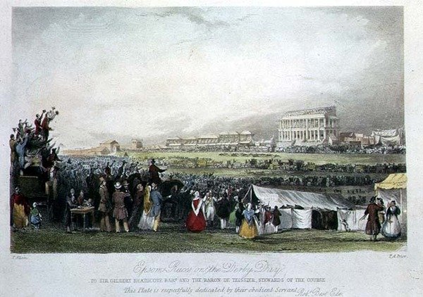 Epsom Races på Derby Day, 1841, (håndkoloreret stik) af Thomas Allom