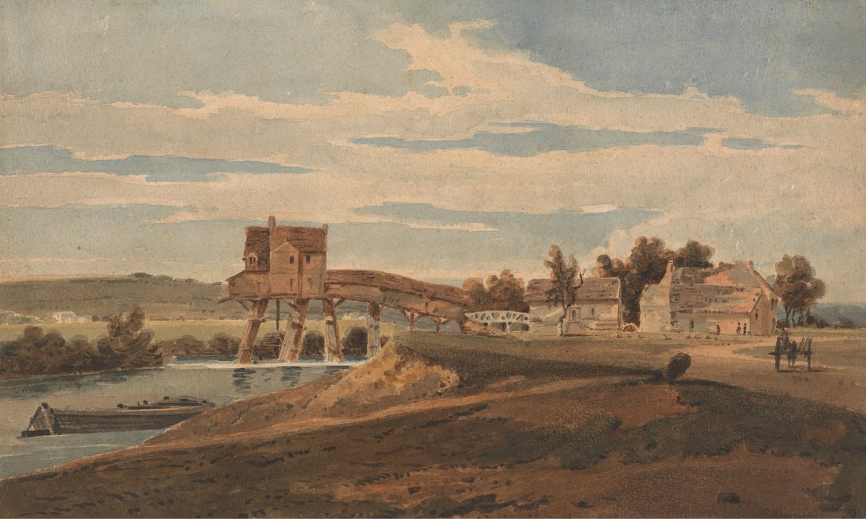 Vandmøllen over broen ved Charenton (wc over grafit på papir lagt på moderne montering) af Thomas after Girtin