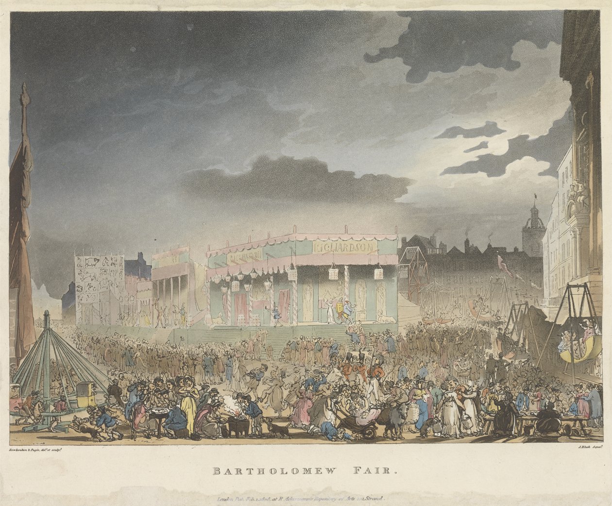 Bartholomew Fair, fra Microcosm of London, eller London in Miniature, Vol. I, af Rudolph Ackerman, graveret af J. Bluch af Thomas after Rowlandson