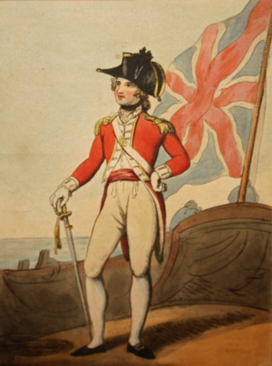 Kaptajn af marinesoldater, 1799 (håndfarvet radering) af Thomas after Rowlandson