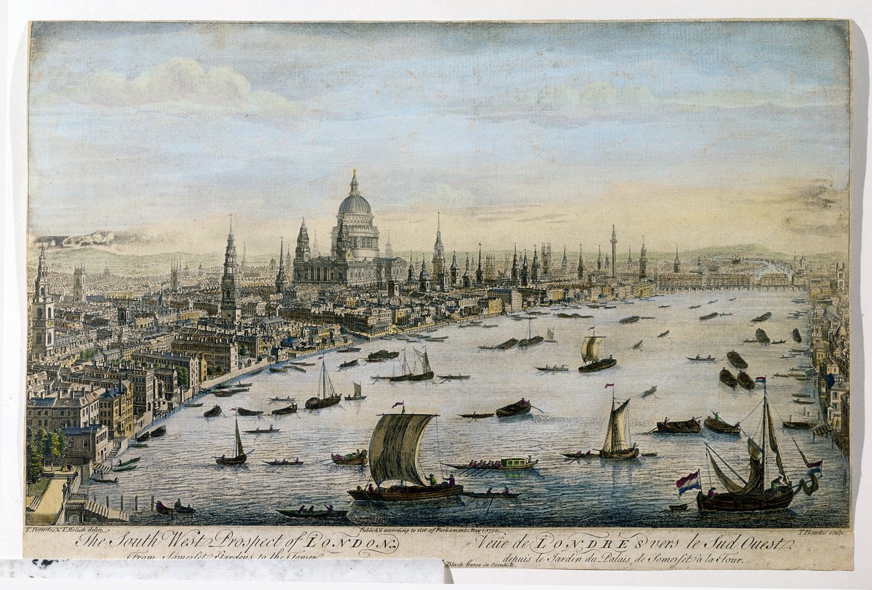 The South-West Prospect of London from Somerset Gardens, graveret af Thomas Bowles, offentliggjort den 1. maj 1750 af Thomas Bowles