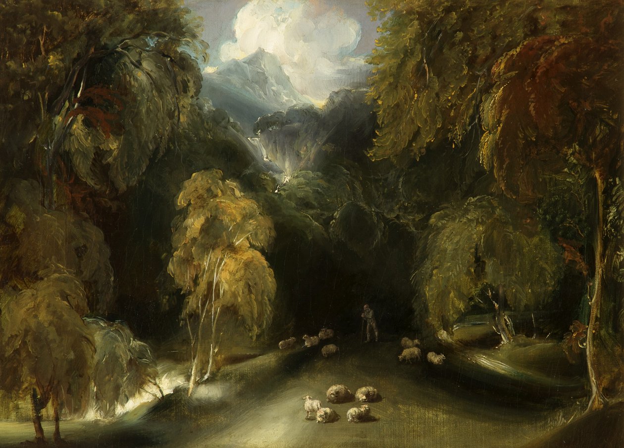 En udsigt over Dovedale, der ser mod Thorpe Cloud af Thomas attr. to Lawrence