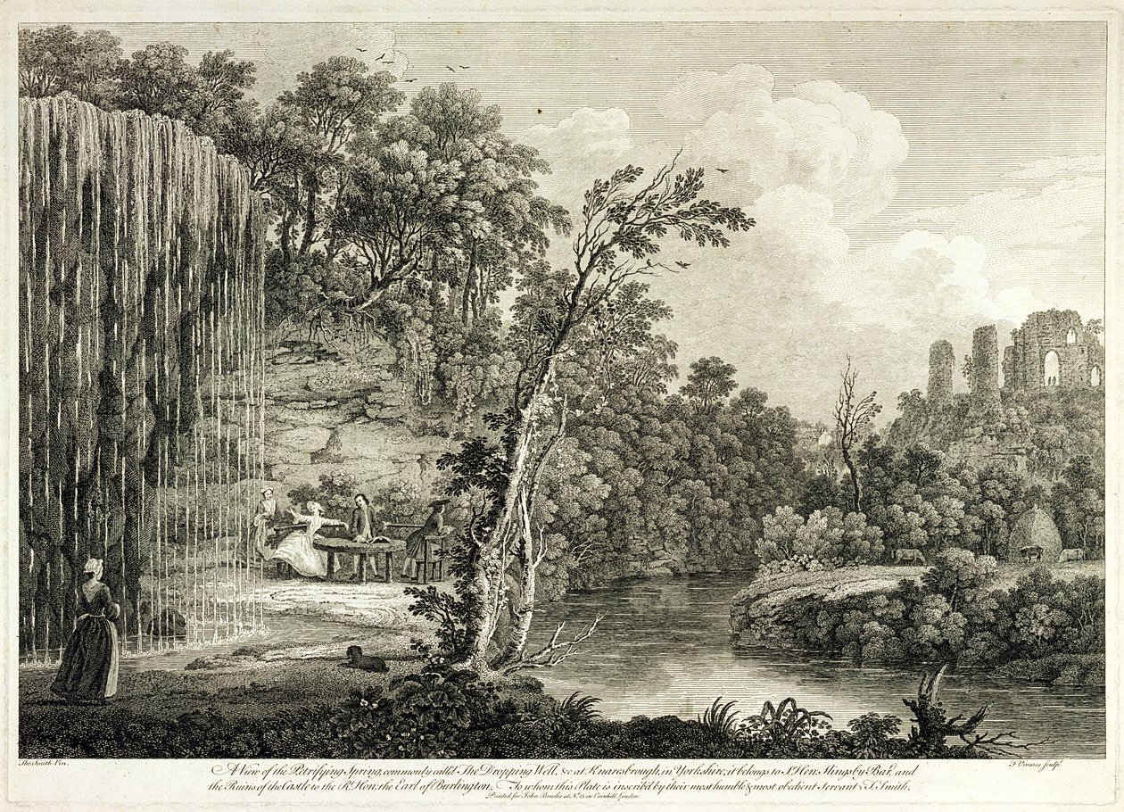 Udsigt over den forstenende forår, almindeligvis kaldet den faldende brønd ved Knaresborough i Yorkshire, indgraveret af Francois Vivares (1709-80) af Thomas of Derby Smith