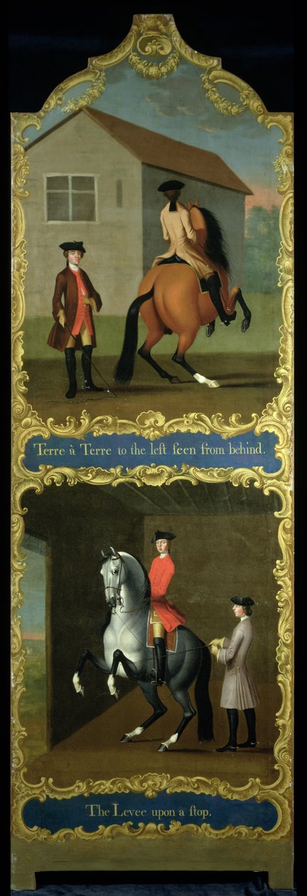 "Terre a Terre til venstre set bagfra" (øverst) og "Levee upon a Stop" (nederst), ca. 1750 af Thomas, of Pall Mall Butler