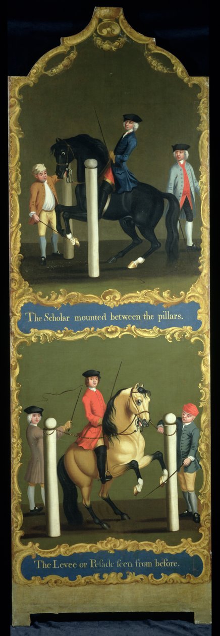 "Den lærde mellem søjlerne" (øverst) og "Levee eller Pesade set forfra" (nederst), ca.1750 af Thomas, of Pall Mall Butler