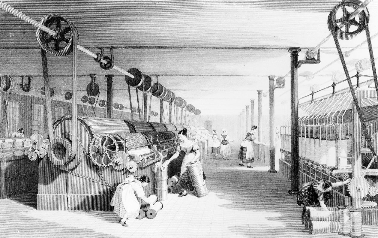 Carding, Drawing and Roving, graveret af J. Carter af Thomas (after) Allom