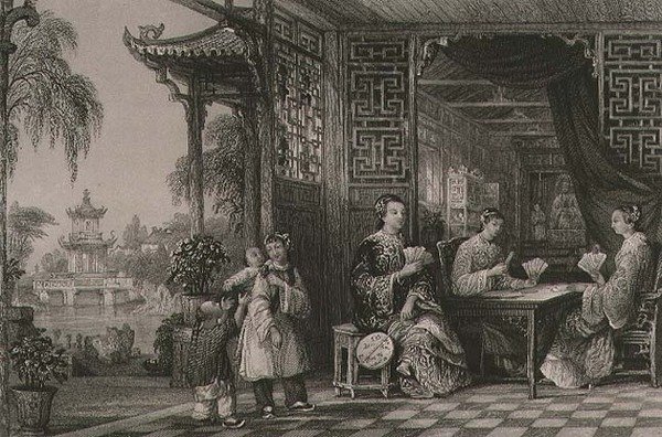 Damer fra en mandarinfamilie ved kortspil, fra "China in a Series of Views" af George Newenham Wright (ca.1790-1877) 1843 (stik) af Thomas (after) Allom