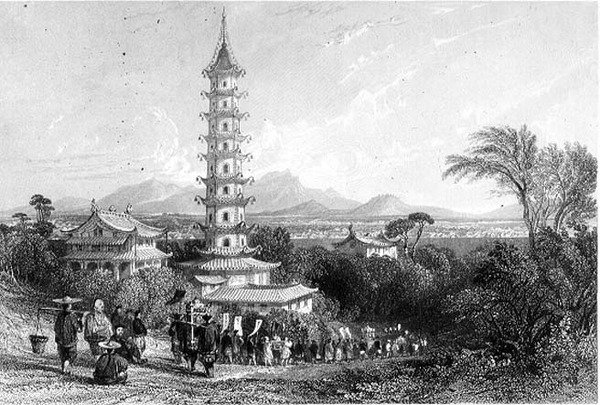 Porcelænstårn, Nanking, graveret af Henry Adlard (gravering) af Thomas (after) Allom