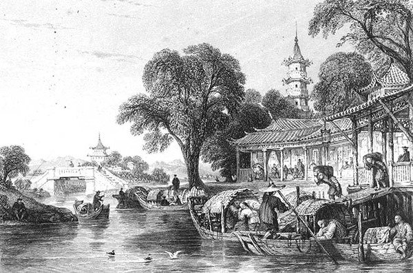 Silk Farms at Hoo-Chen, graveret af J. Tingle (gravering) af Thomas (after) Allom