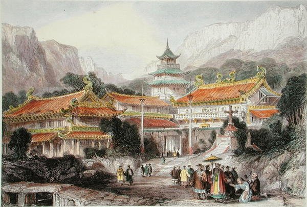 The Great Temple at Poo-Too, Chusan Islands, ca. 1850 (farve litho) af Thomas (after) Allom