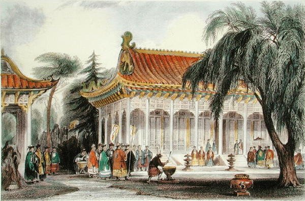 Audienssalen ved Palace of Yuen-ming-Yuan, Peking, ca. 1850 (farve litho) af Thomas (after) Allom