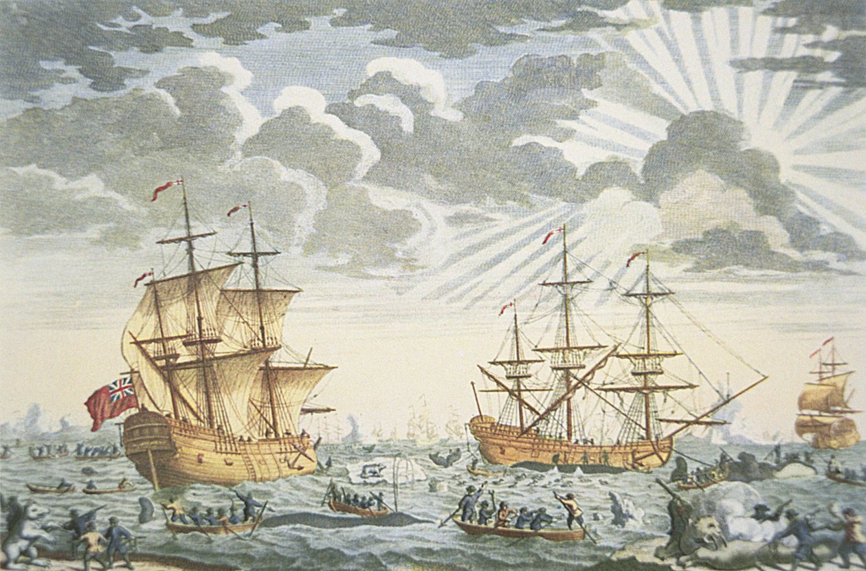 Grønlands- eller Hvalfiskeriet, graveret af E. Kirkall, ca. 1720 (farve litho) af Thomas (after) Baston