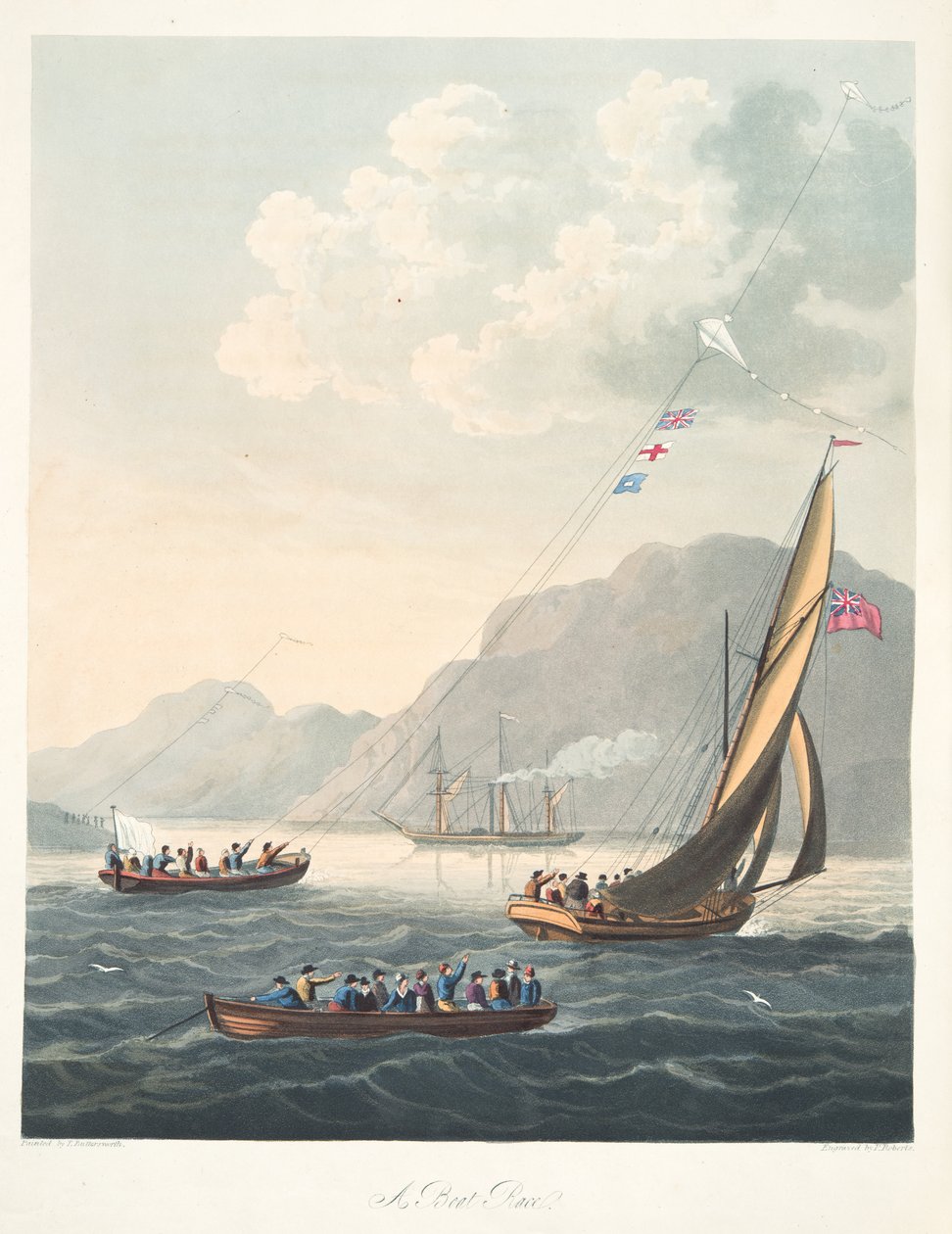 A Boat Race, fra "The Aeropleustic Art, or Navigation in the Air, by the Use of Kites, or Buoyant Sails, pub. 1827 (håndfarvet akvatint) af Thomas (after) Butterworth