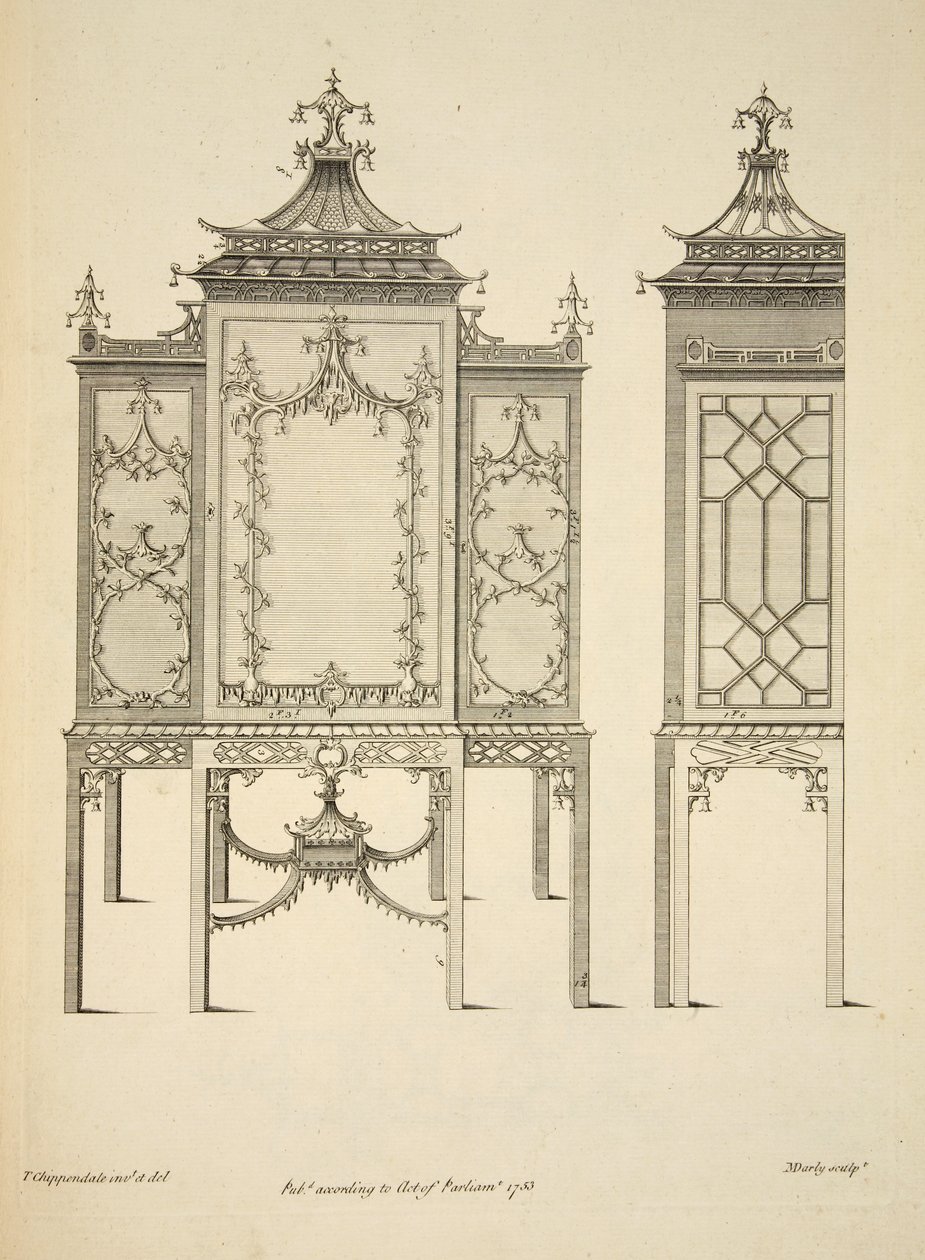 Design til en China Case, pub. 1753 (gravering) af Thomas (after) Chippendale