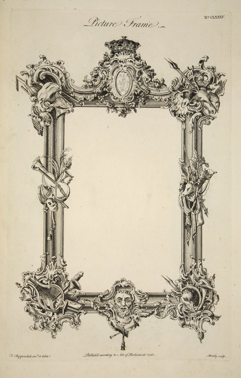 Design til en billedramme, pub. 1761 (gravering) af Thomas (after) Chippendale