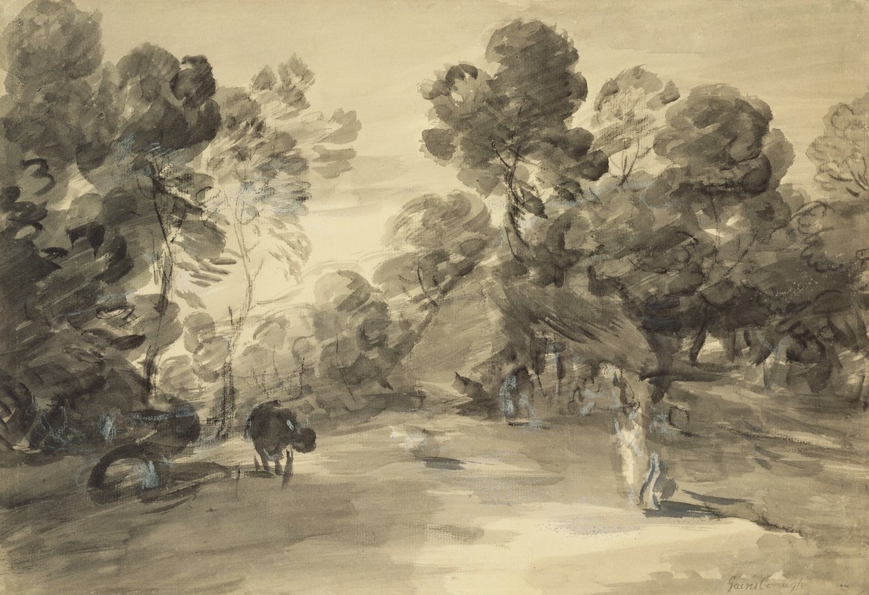 Skovklædt landskab med figurer, sommerhus og ko, ca. 1785 (vask & kridt med gouache på papir) af Thomas (after) Gainsborough