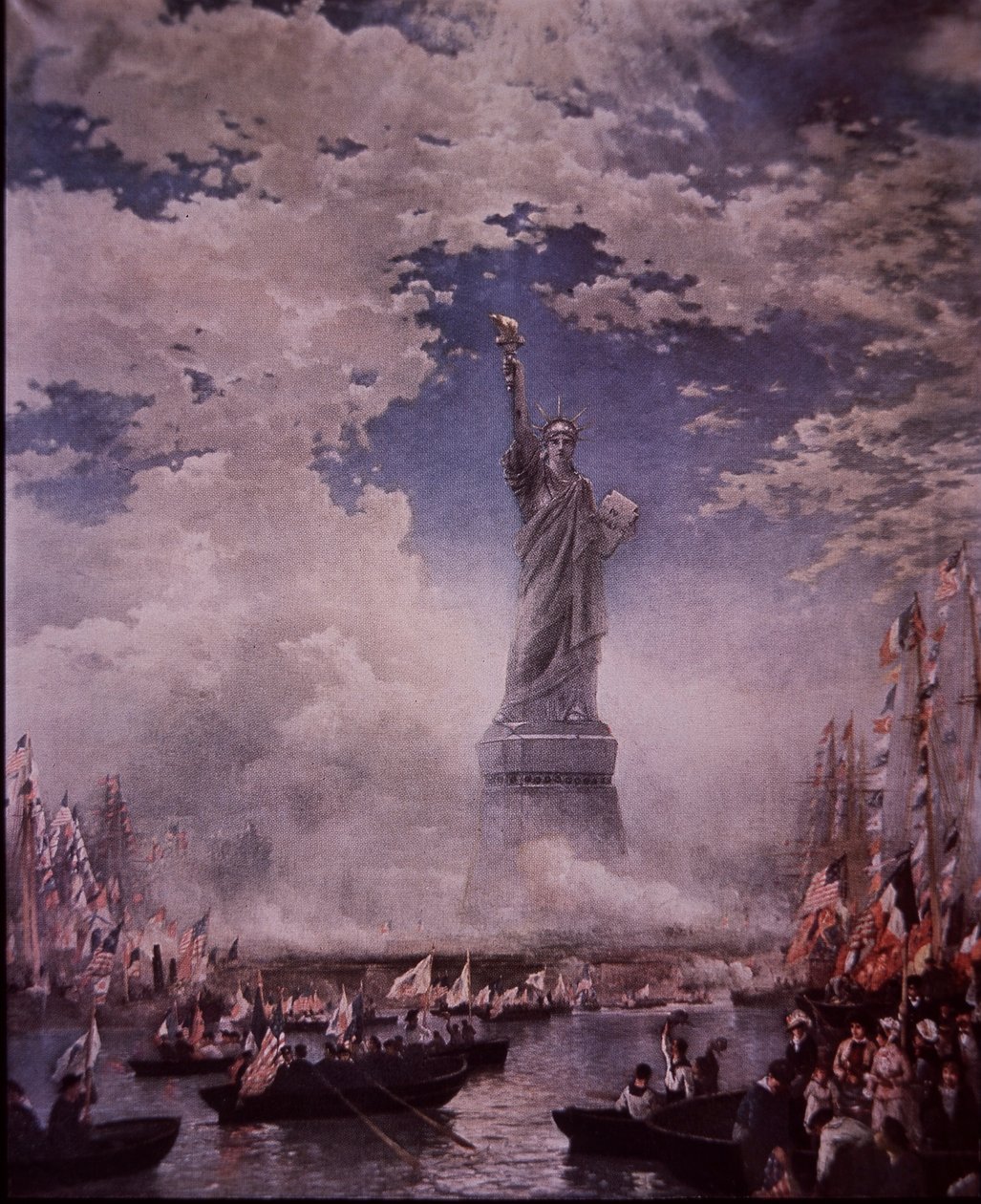 Afsløring af Frihedsgudinden i New York Harbor, 28. oktober 1886 (farve litho) af Thomas (after) Moran