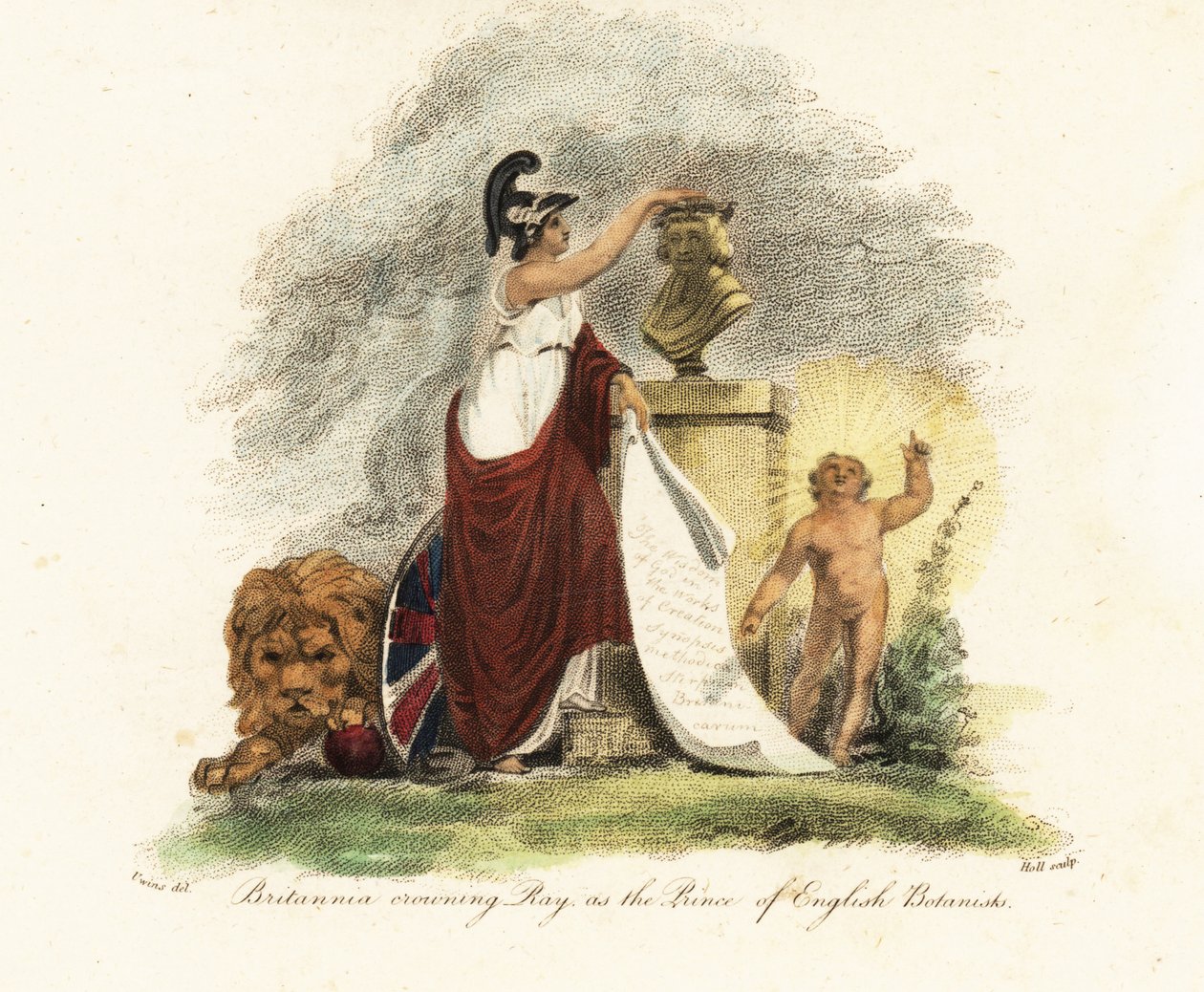 Britannia kronede John Ray som prinsen af engelske botanikere.1806 (gravering) af Thomas (after) Uwins