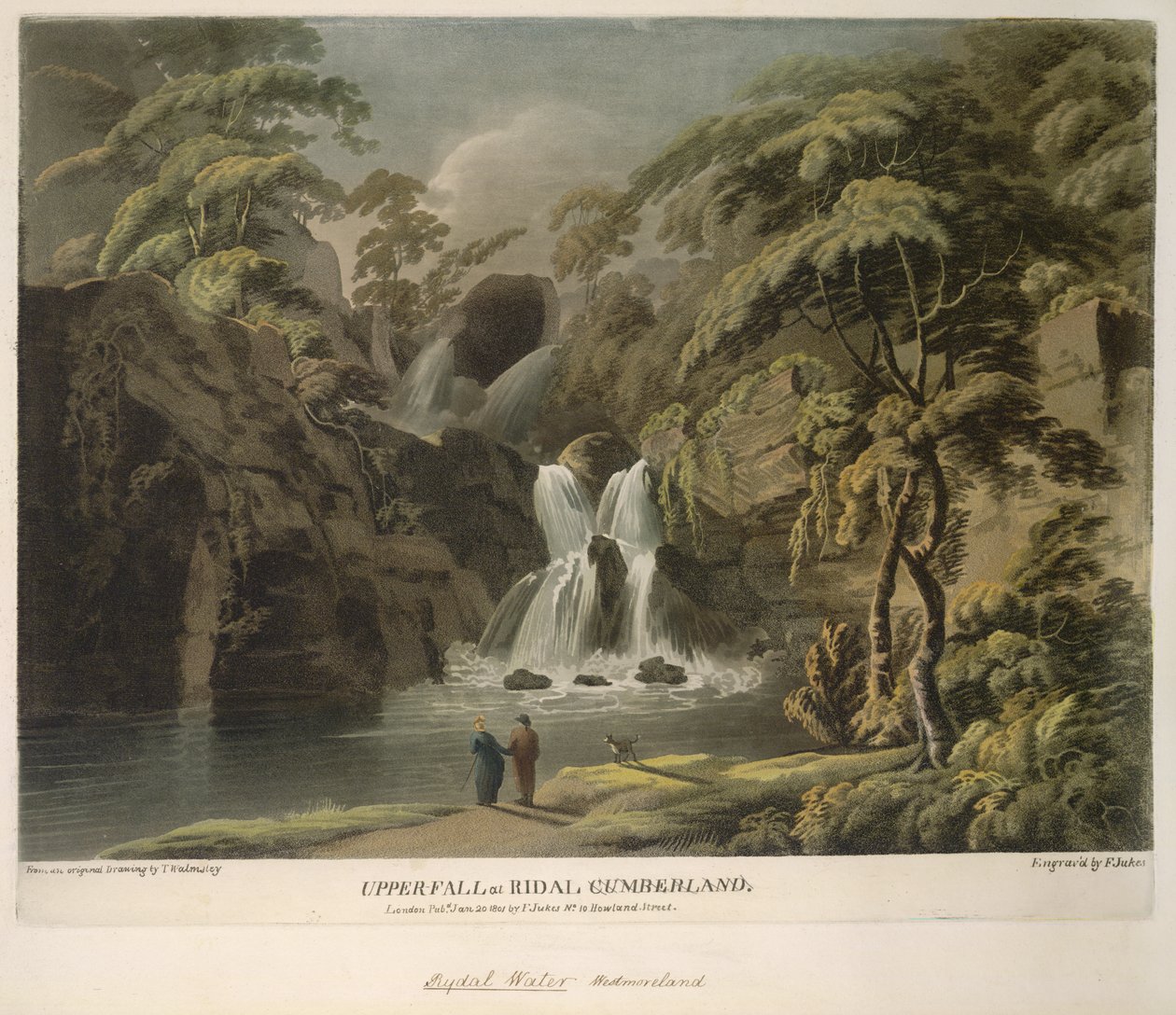 Upper Fall ved Ridal, Cumberland, indgraveret af F. Jukes af Thomas (after) Walmsley