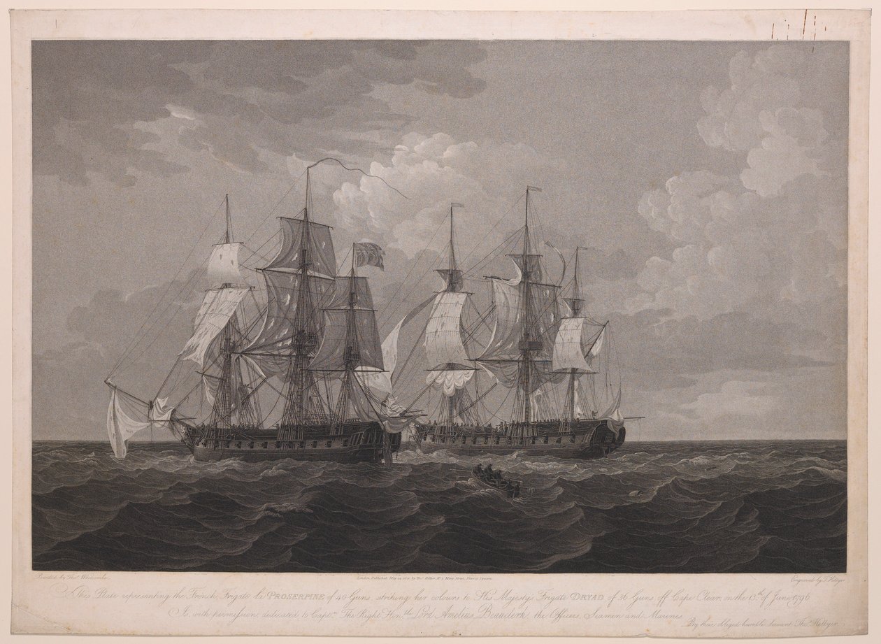 Denne plade forestiller den franske fregat La Proserpine på 40 kanoner, der stak flaget mod Hans Majestæts fregat Dryad på 36 kanoner ud for Cape Clear den 13. juni 1796 ... dedikeret til kaptajn ... Lord Amelius Beauclerk... af Thomas (after) Whitcombe