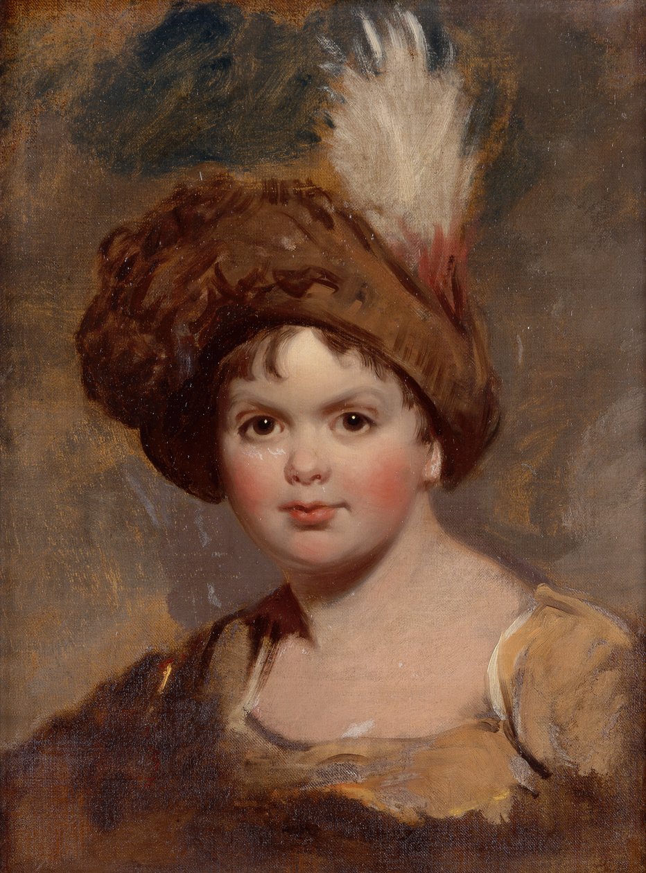 Portræt af en ung dreng i brun dragt med fjerhat (skitse) (olie på lærred) af Thomas (attr. to) Lawrence