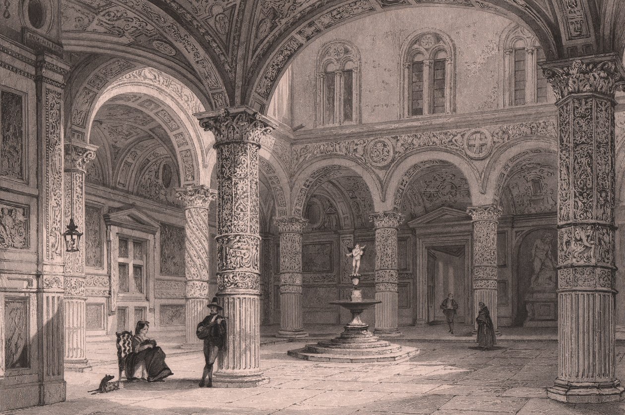 Gården til Palazzo Vecchio i Firenze, Toscana, Italien, stålgravering af James Tingle (aktiv ca. 1830-1860) efter tegning af Thomas Allom (1804-1872), ca. 21x15 cm af Thomas Allom