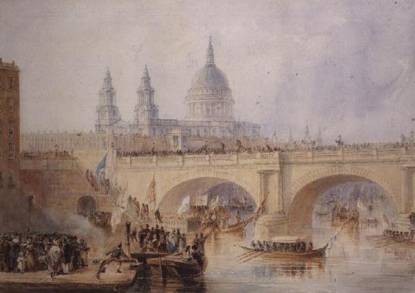 Overborgmesterens landstigning ved Blackfriars Bridge, ca. 1830 af Thomas Allom