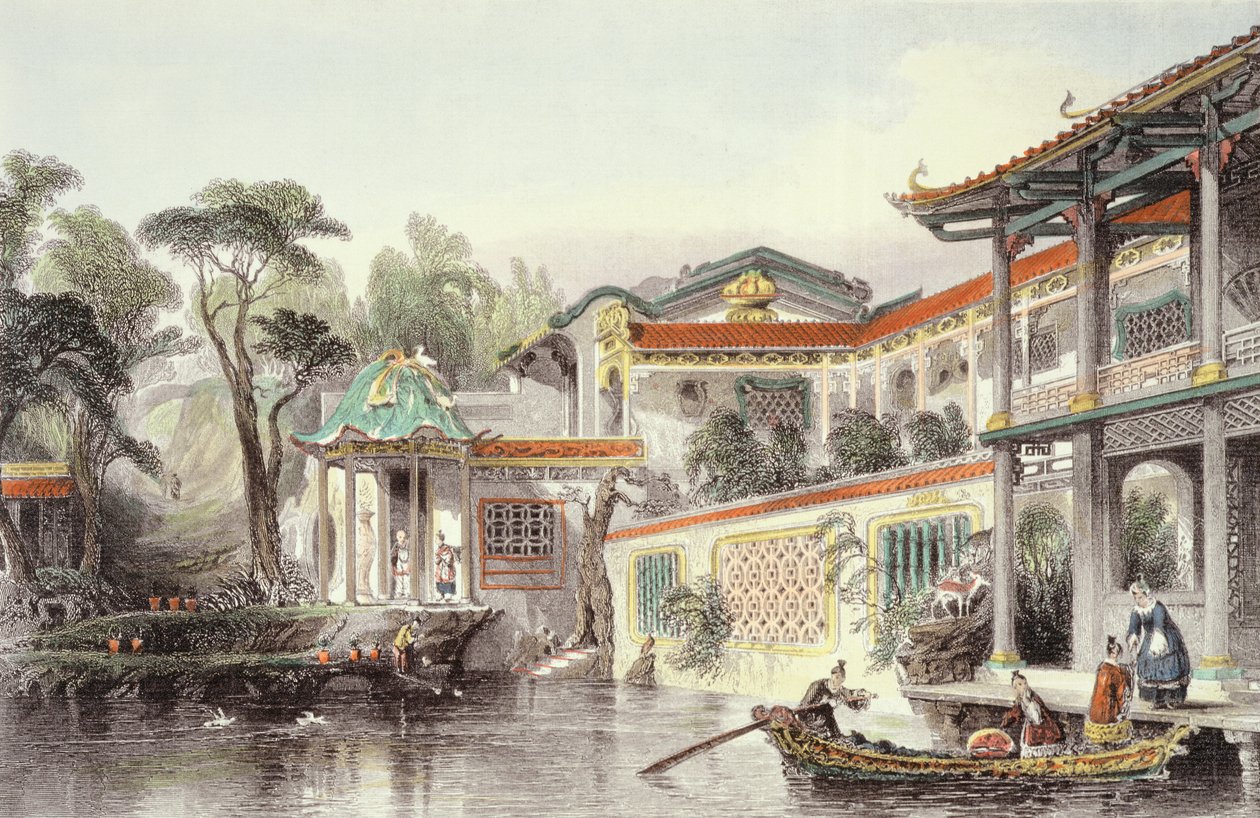 Conseequa, en kinesisk købmand, hus i Cantons forstæder, fra "China in a Series of Views" af George Newenham Wright (ca. 1790-1877) 1843 af Thomas Allom