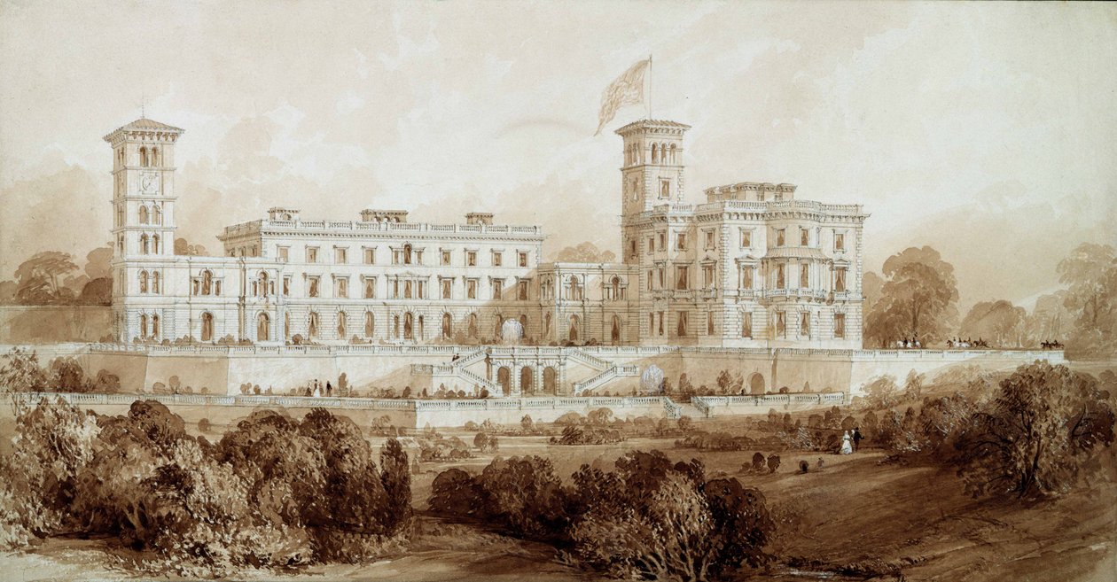 Osborne House, Isle of Wight (blyant og brun vask) af Thomas Allom