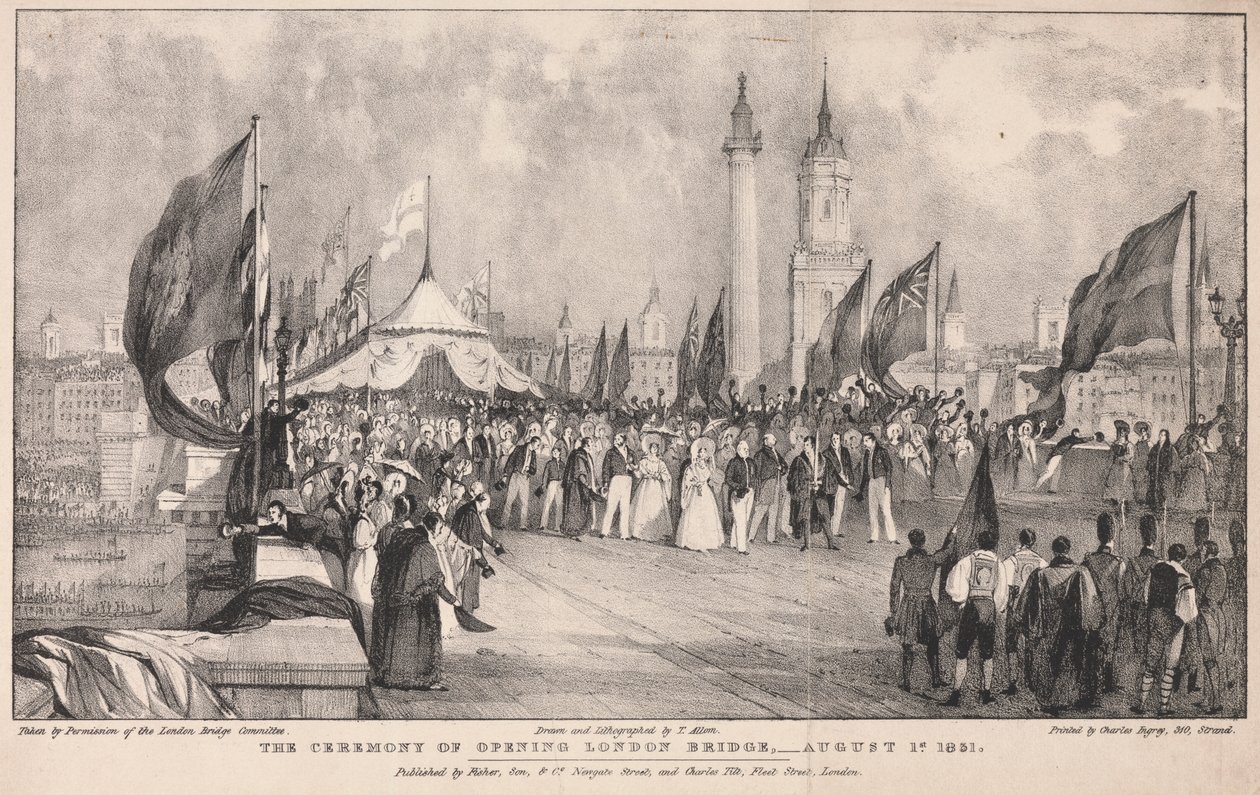 Ceremonien for åbning af London Bridge med Old London Bridge i baggrunden af Thomas Allom