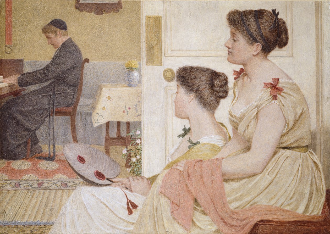 Drawing Room Scene med en ung præst ved klaveret, slutningen af det 19. århundrede af Thomas Armstrong