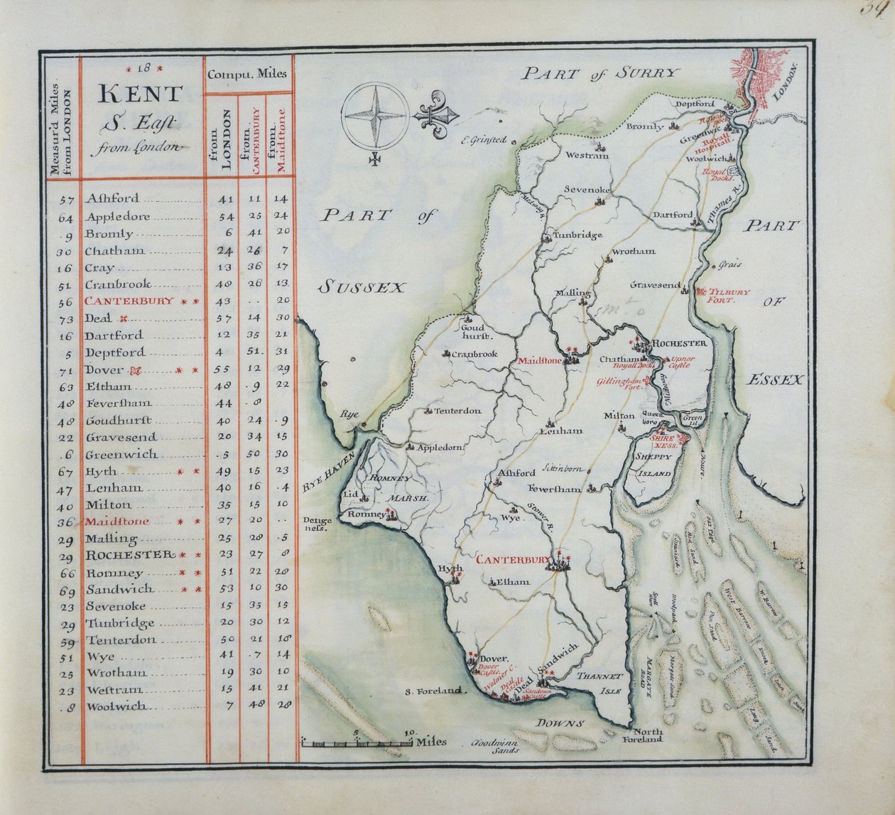Kent, plade 39r, fra A Complete Set of Maps of England and Wales in General..., 1724 (pen & blæk og wc på papir) af Thomas Badeslade