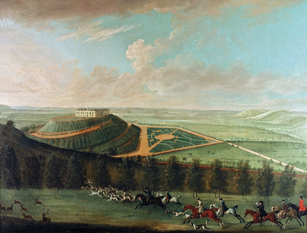 Udsigt over Belvoir Castle fra sydvest, med Belvoir Hunt i fuld udråb, 1730 af Thomas Badeslade