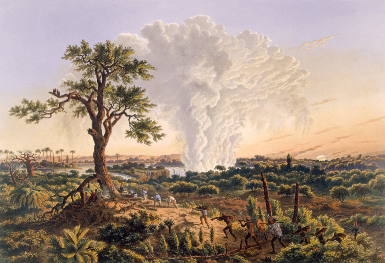 The Falls by Sunrise med sprøjteskyen, der stiger 1.200 fod, 1865 (farvetryk) af Thomas Baines