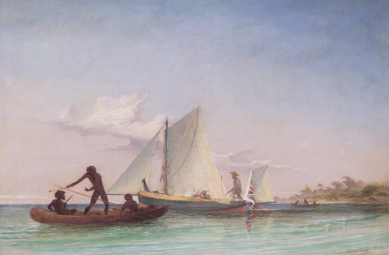 The Long Boat of the Messenger angrebet af indfødte af Thomas Baines