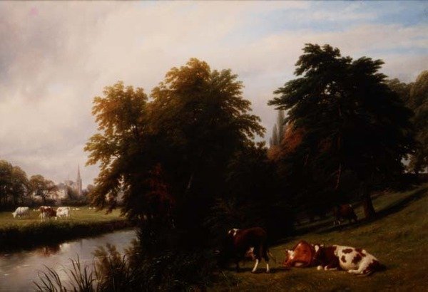 Kvæg græsser ved en flod af Thomas Baker