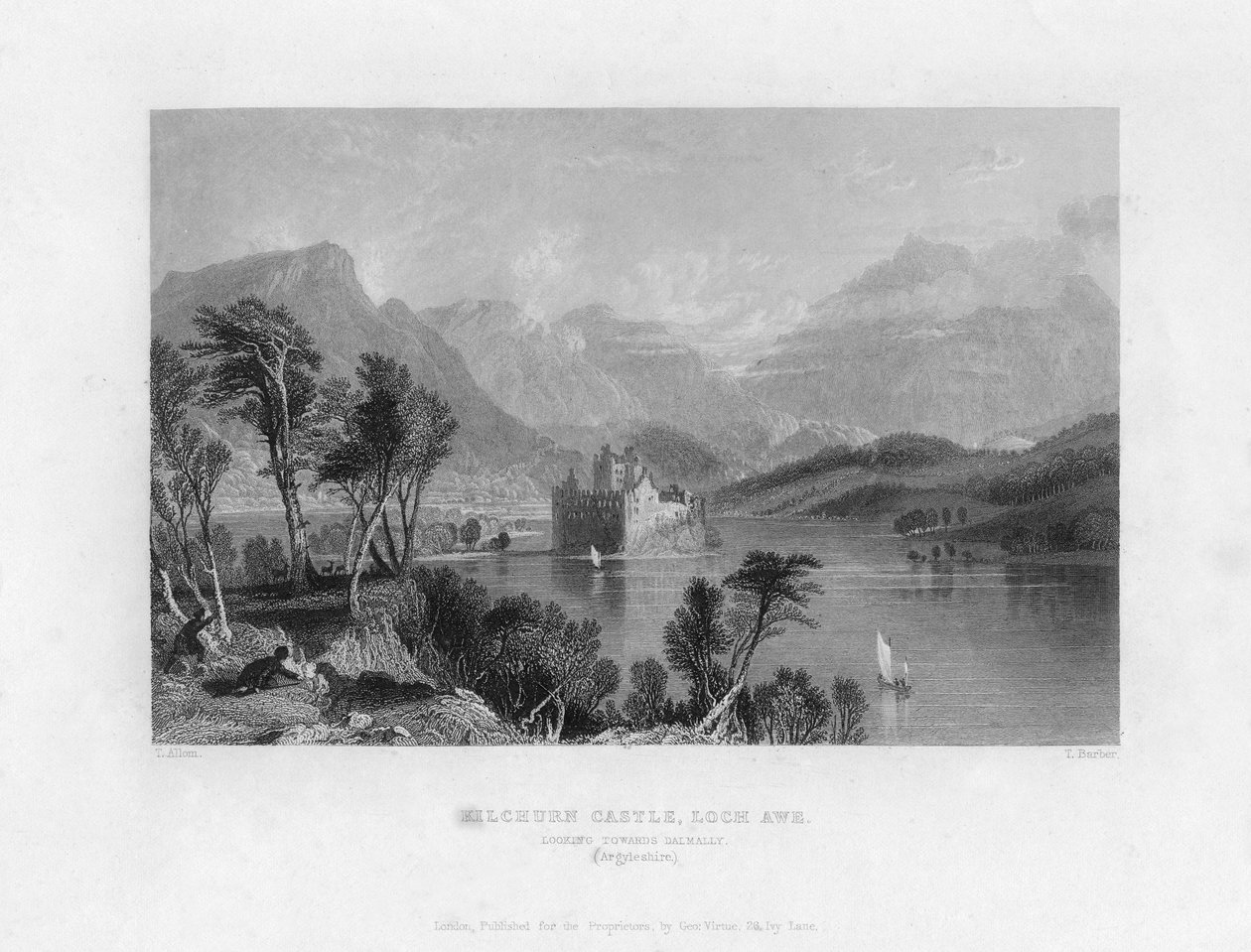 Kilchurn Castle, Loch Awe, med udsigt mod Dalmally, Argyleshire, 1800-tallet. af Thomas Barber