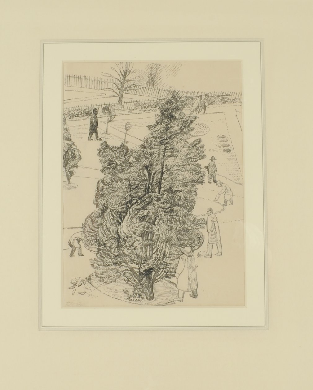 Figurer i Parken; "Mændene var tavse, træerne talte." Illustration til The Witnesses, før 1938 (pen og blæk på papir) af Thomas Barclay Hennell