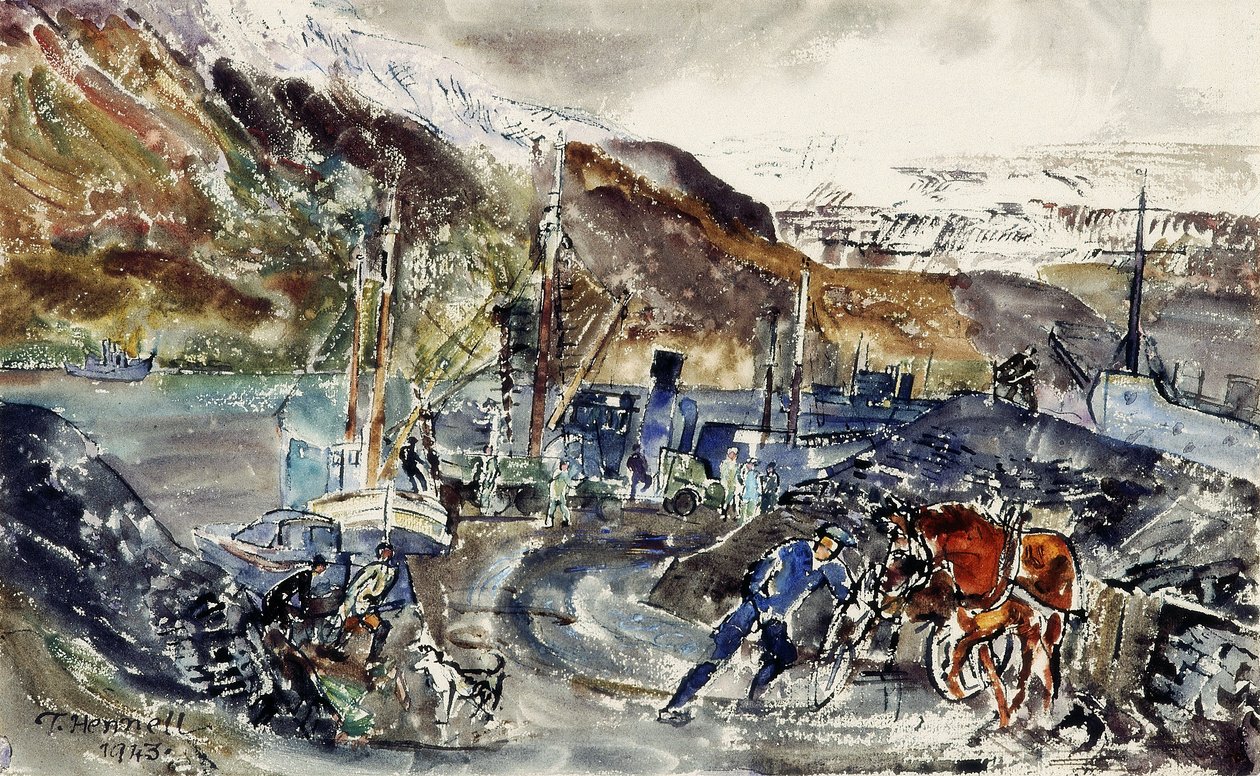 Lokale kulvogne og trawlere, Seydisfjordur, Island (akvarel på papir) af Thomas Barclay Hennell