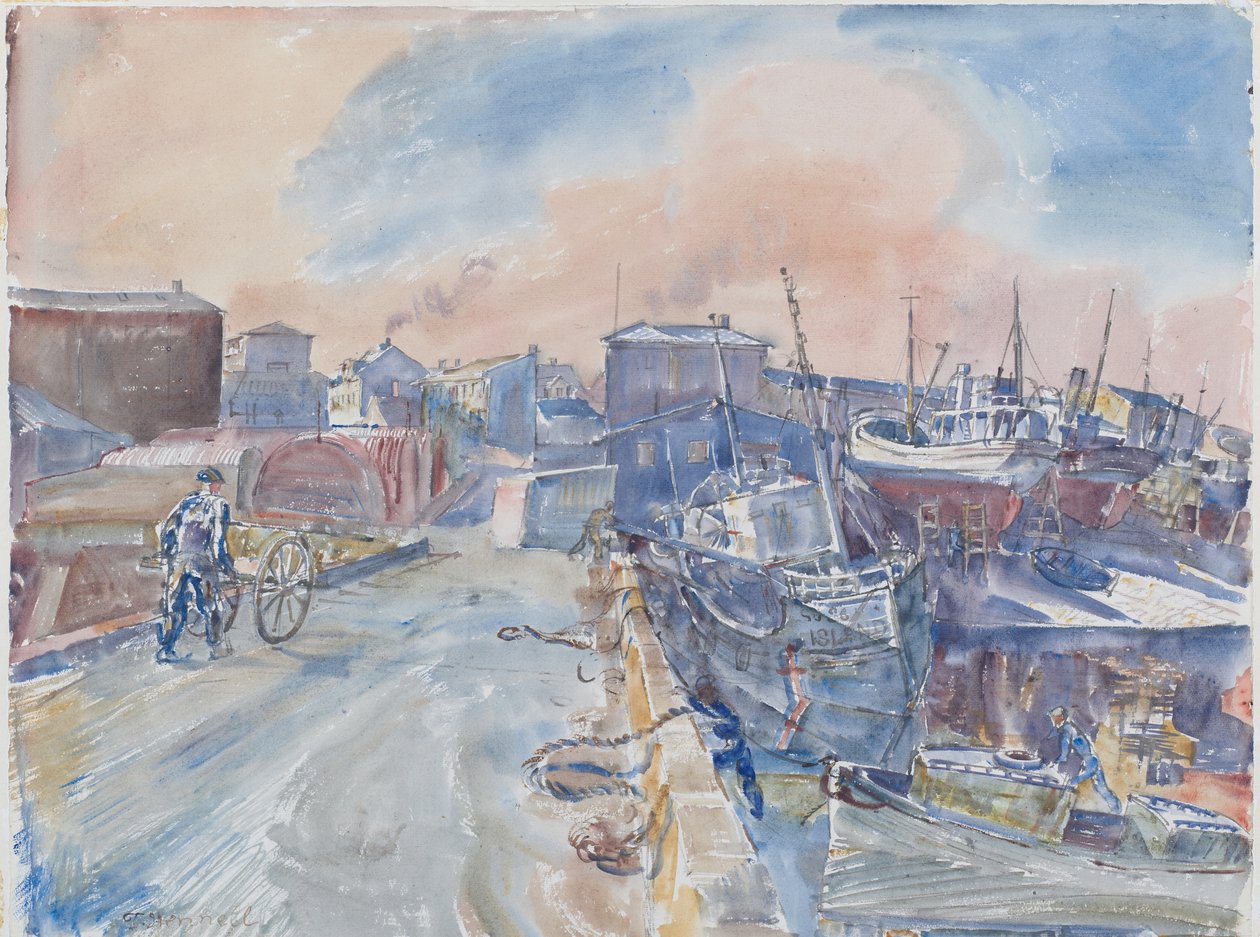 Reykjavik Fra Main Quay, Frosty Morning, Island, ca. 1930 (akvarel og blyant på papir) af Thomas Barclay Hennell