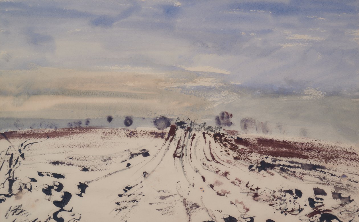 Gårdbanen i sneen, det 20. århundrede (Akvarel) af Thomas Barclay Hennell