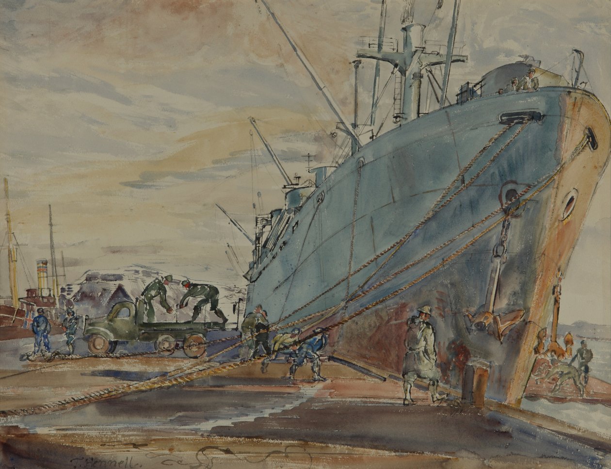 U S Liberty Ship (akvarel på papir) af Thomas Barclay Hennell