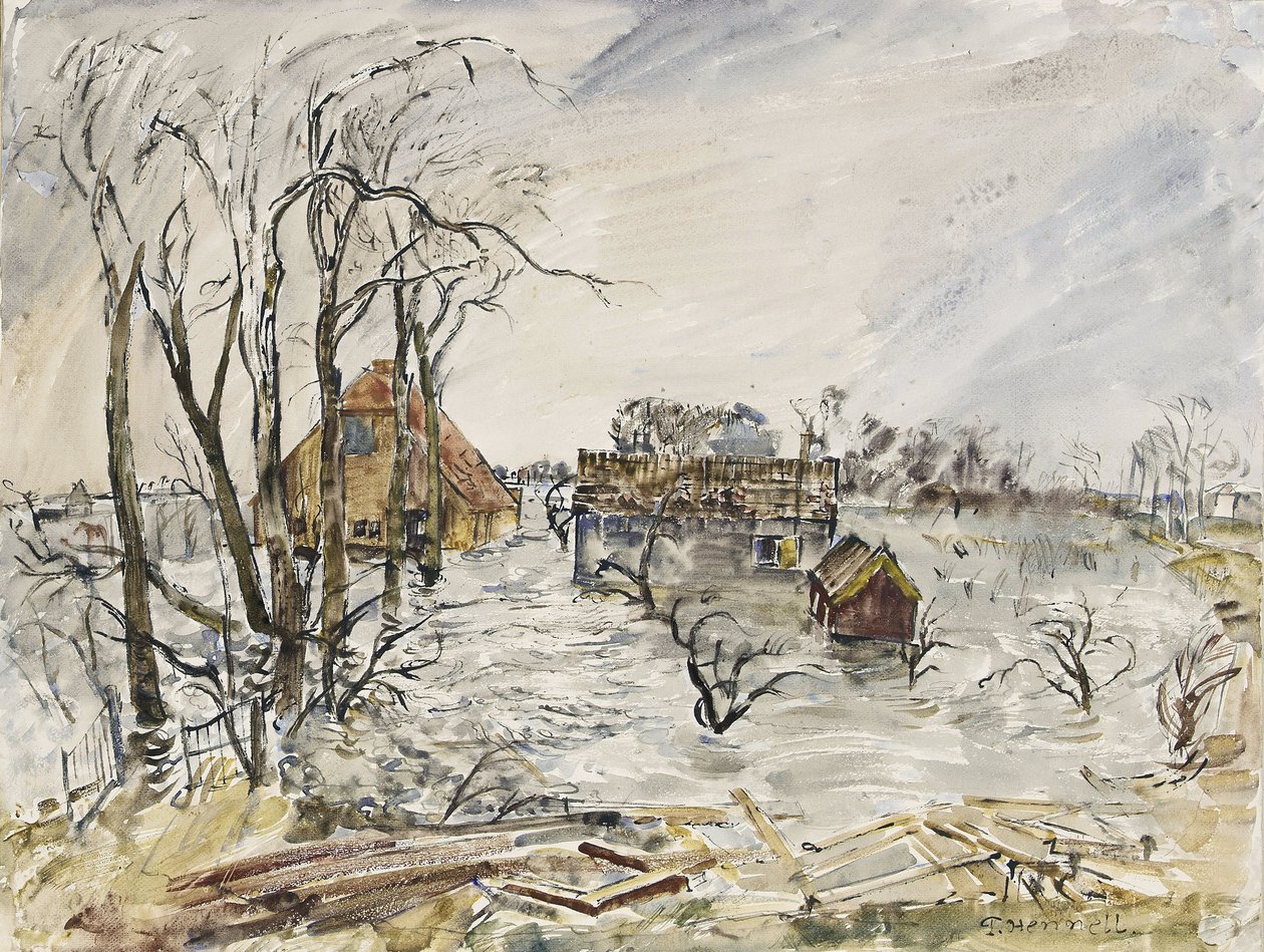 Øen Walcheren (Holland) oversvømmet. Maleri af Thomas Hennel (1903-1945), akvarel 1944 af Thomas Barclay Hennell