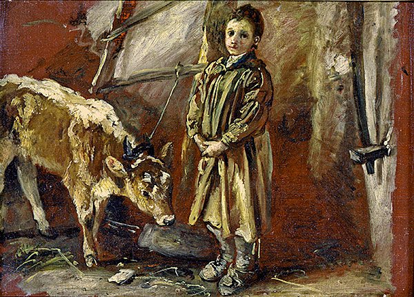 Dreng med en tøjret kalv (olie på lærred) af Thomas Barker