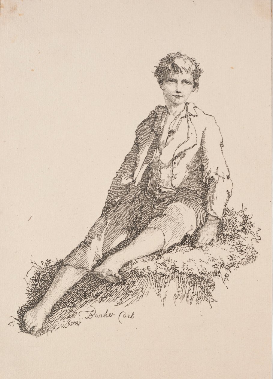 Prøver af polyautografi: Dreng siddende på en græsklædt banke, 1803. af Thomas Barker